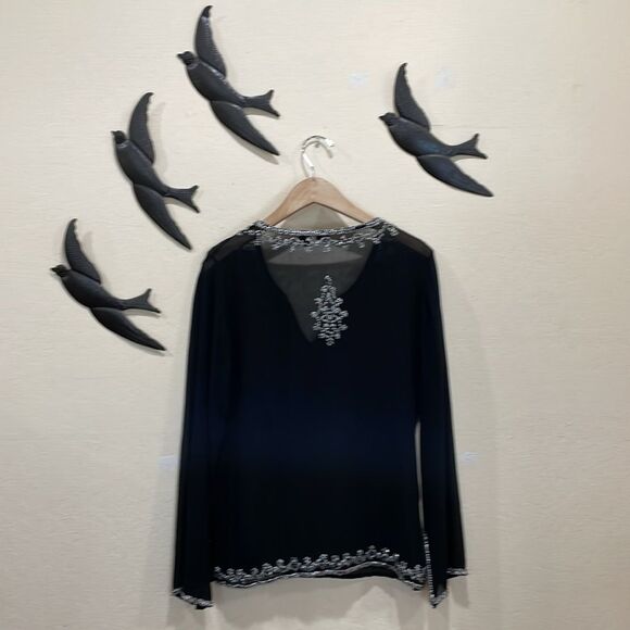 Saks Fifth Avenue 100% Silk Sheer Black Tunic Blouse With Beaded Trim - M - Picture 9 of 10